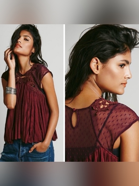 Free People Tops - Free People ‘Stars Align’ Sheer Swiss Dot Swing Top in Wine Red size Small